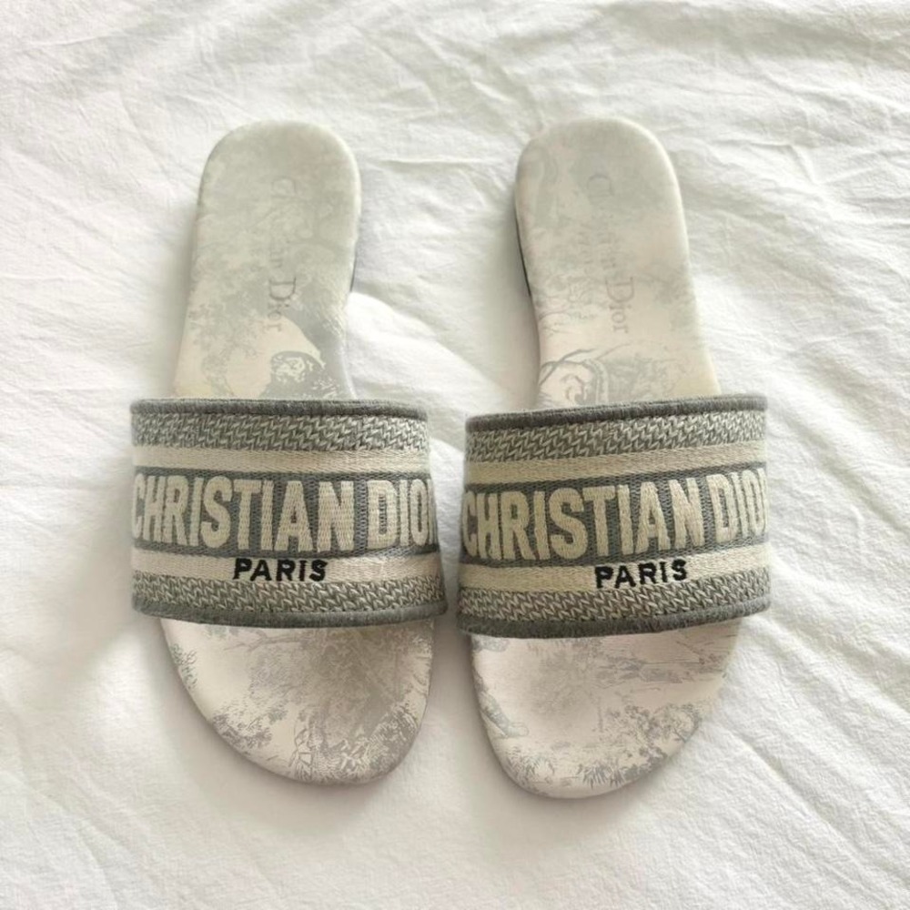 Christian Dior Dway Slides Grey Toile de Jouy Embroidered Cotton IT 37
